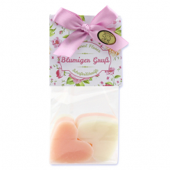 Sheep milk soap heart 4x23g in a cellophane "Blumiger Gruß", Classic/Peony 