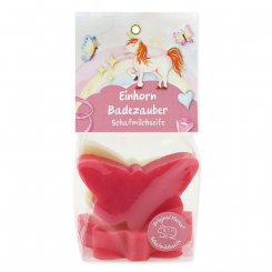 Schafmilchseife Schmetterling 3x38g in Cello "Einhorn Badezauber", Blütenzauber/ Schäfchenzart 