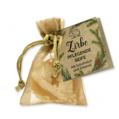 Sheep milk soap heart 23g with swiss pine shavings in organza bag "feel-good time", Swiss pine 