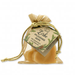 Schafmilchseife Herz mittel 2x23g im Organzasackerl "Wohlfühlzeit", Zirbe 