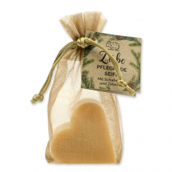 Sheep milk soap heart 65g in organza bag "feel-good time", Swiss pine 