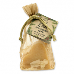 Sheep milk soap heart 65g with swiss pine shavings in organza bag "feel-good time", Swiss pine 