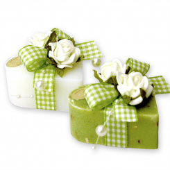 Schafmilchseife Herz groß 85g dekoriert mit Rose, Classic/Eisenkrau 