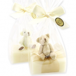 Schafmilchseife eckig 100g dekoriert mit Teddy in Cello, Classic 