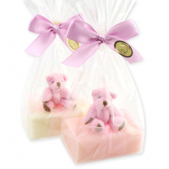 Sheep millk soap 100g decorated with a teddy bear in a cellophane, Classic/peony 