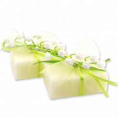 Schafmilchseife eckig 100g dekoriert mit Maiglöckchen, Maiglöckchen 
