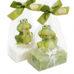 Schafmilchseife eckig 100g dekoriert mit Frosch in Cello, Classic/Eisenkraut 