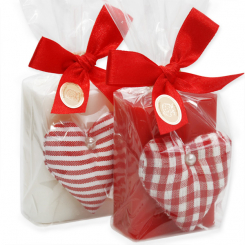 Schafmilchseife eckig 100g dekoriert mit Stoffherz in Cello, Classic/Granatapfel 