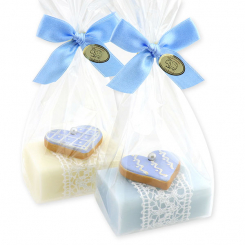 Schafmilchseife eckig 100g dekoriert mit Keksherz in Cello, Classic/Vergissmeinnicht 