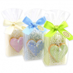 Schafmilchseife eckig 100g dekoriert mit Deko Keksherz in Cello, sortiert 