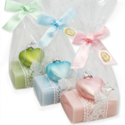 Sheep milk soap 100g decorated with a glass heart in a cellophane, sorted 