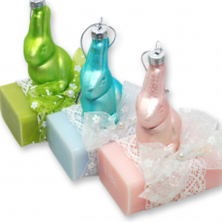 Schafmilchseife eckig 100g dekoriert mit Hase, sortiert 