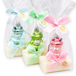 Schafmilchseife eckig 100g dekoriert mit Glasfrosch in Cello, Classic 