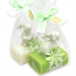 Schafmilchseife eckig 100g dekoriert mit Hase in Cello, Classic/Birne 