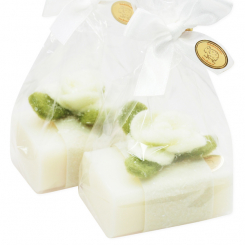 Schafmilchseife eckig 100g dekoriert mit Filzblume in Cello, Classic 