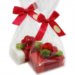 Schafmilchseife eckig 100g dekoriert mit Filzblume in Cello, Classic/Rose 