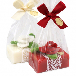 Schafmilchseife eckig 100g dekoriert mit Filzblume in Cello, Classic/Rose 
