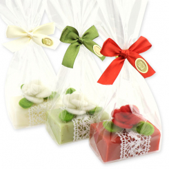 Schafmilchseife eckig 100g dekoriert mit Filzblume in Cello, sortiert 