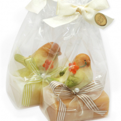 Schafmilchseife eckig 100g dekoriert mit Vogel in Cello, Classic/Quitte 
