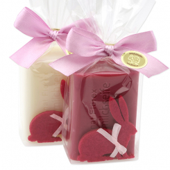 Schafmilchseife eckig 100g dekoriert mit Filzhase in Cello, Classic/Malvenblüte 