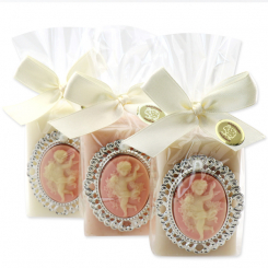 Schafmilchseife eckig 100g dekoriert mit Medaillon mit Engel in Cello, sortiert 