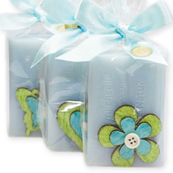 Schafmilchseife eckig 100g dekoriert mit Holzmotiven in Cello, Vergissmeinnicht 