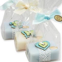 Sheep milk soap 100g decorated with wooden motives in a cellophane, Classic/'forget-me-not' 