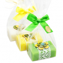 Schafmilchseife eckig 100g dekoriert mit Holzmotive in Cello, sortiert 