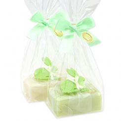 Schafmilchseife eckig 100g dekoriert mit Filzhase in Cello, Classic/Wiesenblume 