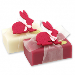 Schafmilchseife eckig 100g dekoriert mit Filzhase, Classic/Malvenblüte 