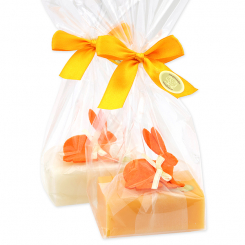 Schafmilchseife eckig 100g dekoriert mit Filzhase in Cello, Classic/Orange 
