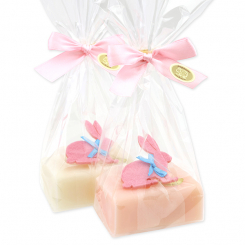 Schafmilchseife eckig 100g dekoriert mit Filzhase in Cello, Classic/Pfingstrose 