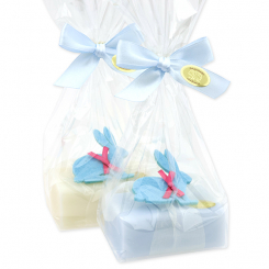 Schafmilchseife eckig 100g dekoriert mit Filzhase in Cello, Classic/Vergissmeinnicht 