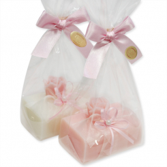Schafmilchseife eckig 100g dekoriert mit Seife Rose Florex 7g in Cello, Classic/Pfingstrose 