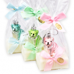 Schafmilchseife eckig 100g dekoriert mit Glasmops in Cello, Classic 