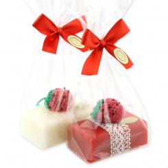 Sheep milk soap 100g decorated with a strawberry in a cellophane, Classic/strawberry 