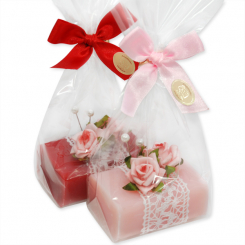 Schafmilchseife eckig 100g dekoriert mit Rose in Cello, Rose/Pfingstrose 