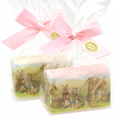 Schafmilchseife eckig 100g dekoriert mit Dekoband Hase in Cello, Classic/Jasmin 