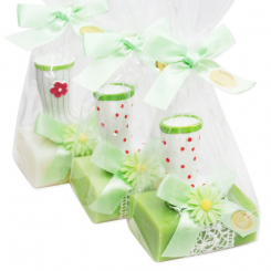 Schafmilchseife eckig 100g dekoriert mit Gartenstiefel in Cello, sortiert 