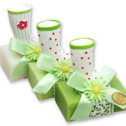 Schafmilchseife eckig 100g dekoriert mit Gartenstiefel, sortiert 