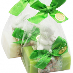 Schafmilchseife eckig 100g dekoriert mit Hase in Cello, Classic/Birne 