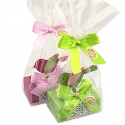 Schafmilchseife eckig 100g dekoriert mit Vogel in Cello, Malvenblüte/Birne 