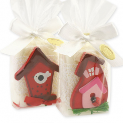 Sheep milk soap 100g decorated with a wooden bird house in a cellophane, Gardenia 