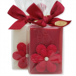 Schafmilchseife eckig 100g dekoriert mit Blume in Cello, Classic/Malvenblüte 