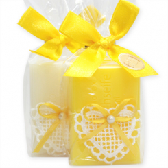 Sheep milk soap 100g decorated with a crochet heart in a cellophane, Classic/frangipani 
