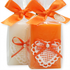 Schafmilchseife eckig 100g dekoriert mit Häkelherz in Cello, Classic/Orange 