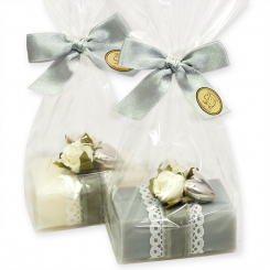 Schafmilchseife eckig 100g dekoriert mit Rosen in Cello, Classic/Edelweiß silber 