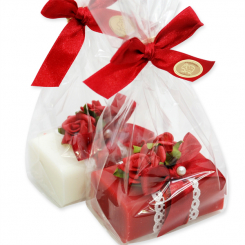 Schafmilchseife eckig 100g dekoriert mit Rose in Cello, Classic/Rose 