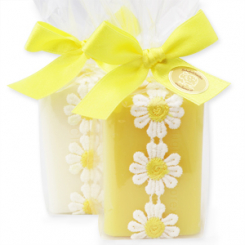 Schafmilchseife eckig 100g dekoriert mit Blumenband in Cello, Classic/Kamille 