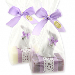 Schafmilchseife eckig 100g dekoriert mit Hase in Cello, Classic/Lavendel 